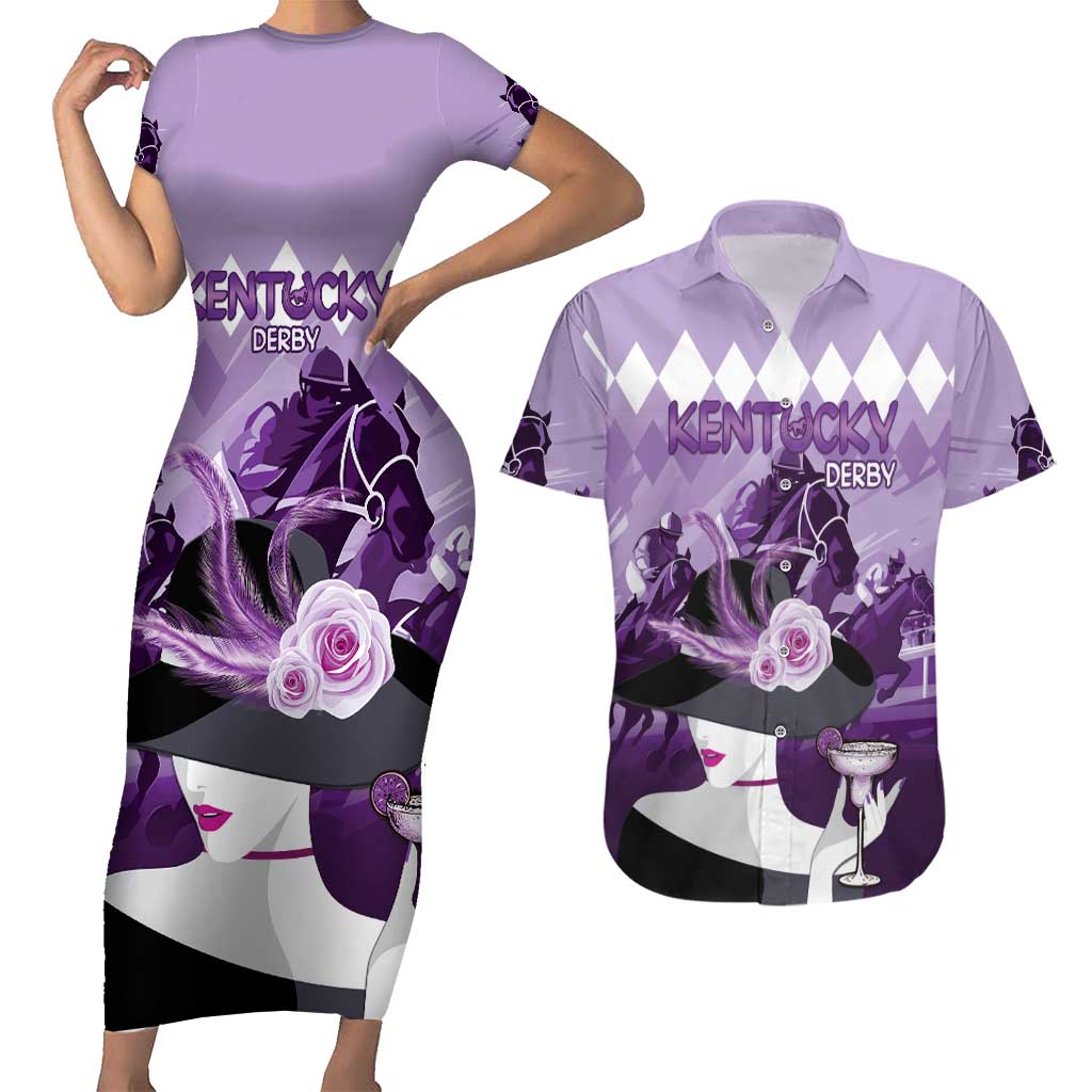 Kentucky Horse Racing Couples Matching Short Sleeve Bodycon Dress and Hawaiian Shirt Derby Mint Julep Girl - Purple Pastel LT14