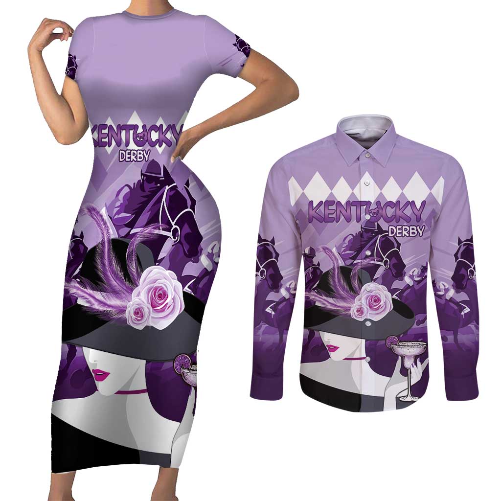 Kentucky Horse Racing Couples Matching Short Sleeve Bodycon Dress and Long Sleeve Button Shirt Derby Mint Julep Girl - Purple Pastel LT14