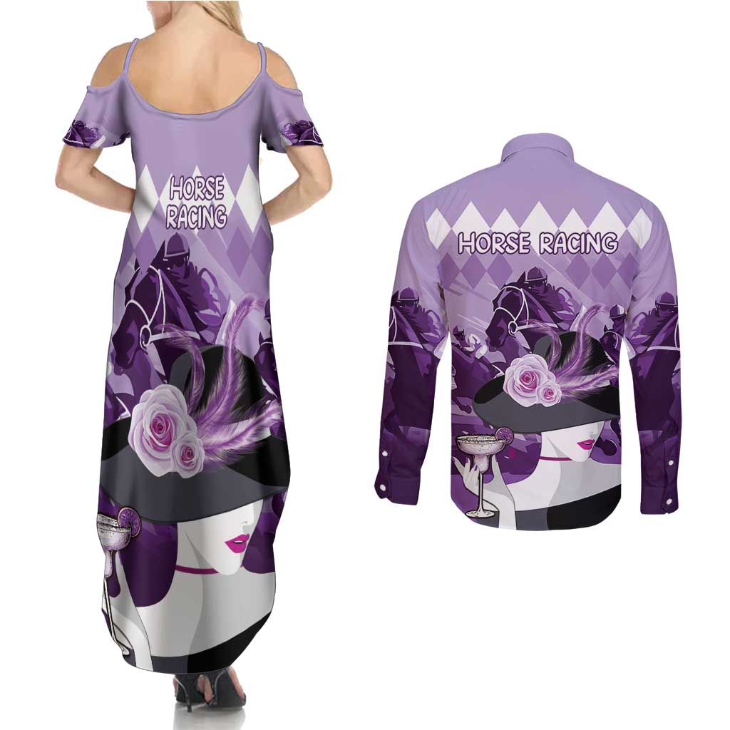 Kentucky Horse Racing Couples Matching Summer Maxi Dress and Long Sleeve Button Shirt Derby Mint Julep Girl - Purple Pastel LT14