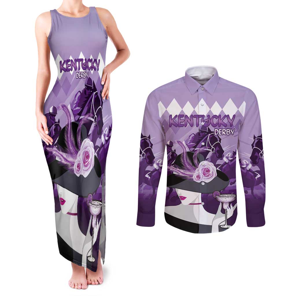 Kentucky Horse Racing Couples Matching Tank Maxi Dress and Long Sleeve Button Shirt Derby Mint Julep Girl - Purple Pastel LT14