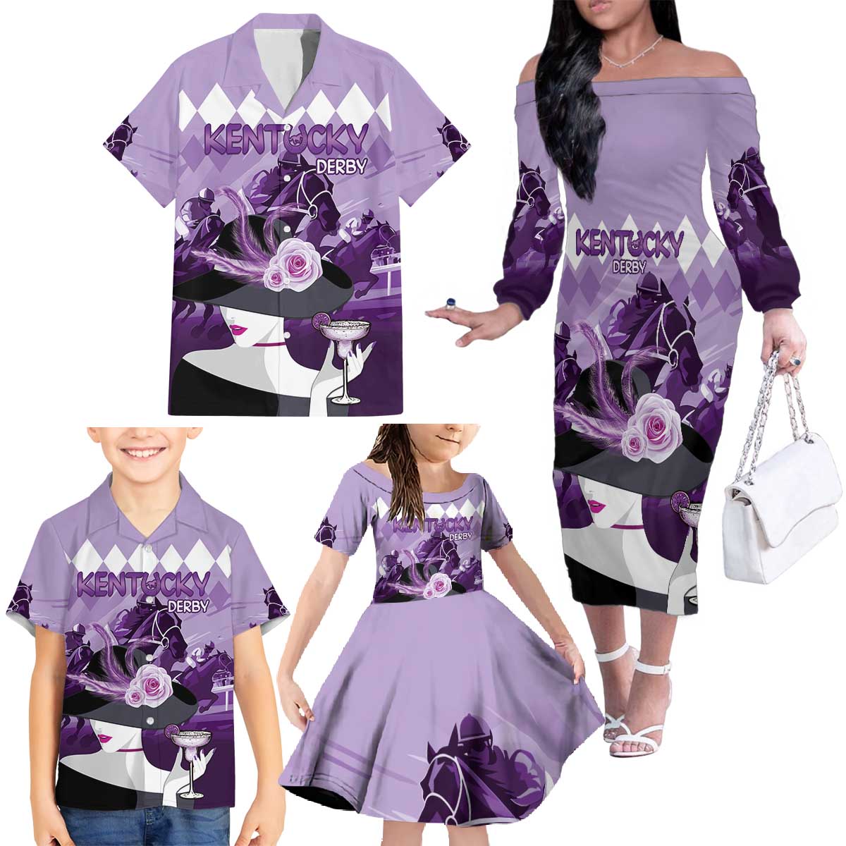 Kentucky Horse Racing Family Matching Off The Shoulder Long Sleeve Dress and Hawaiian Shirt Derby Mint Julep Girl - Purple Pastel LT14