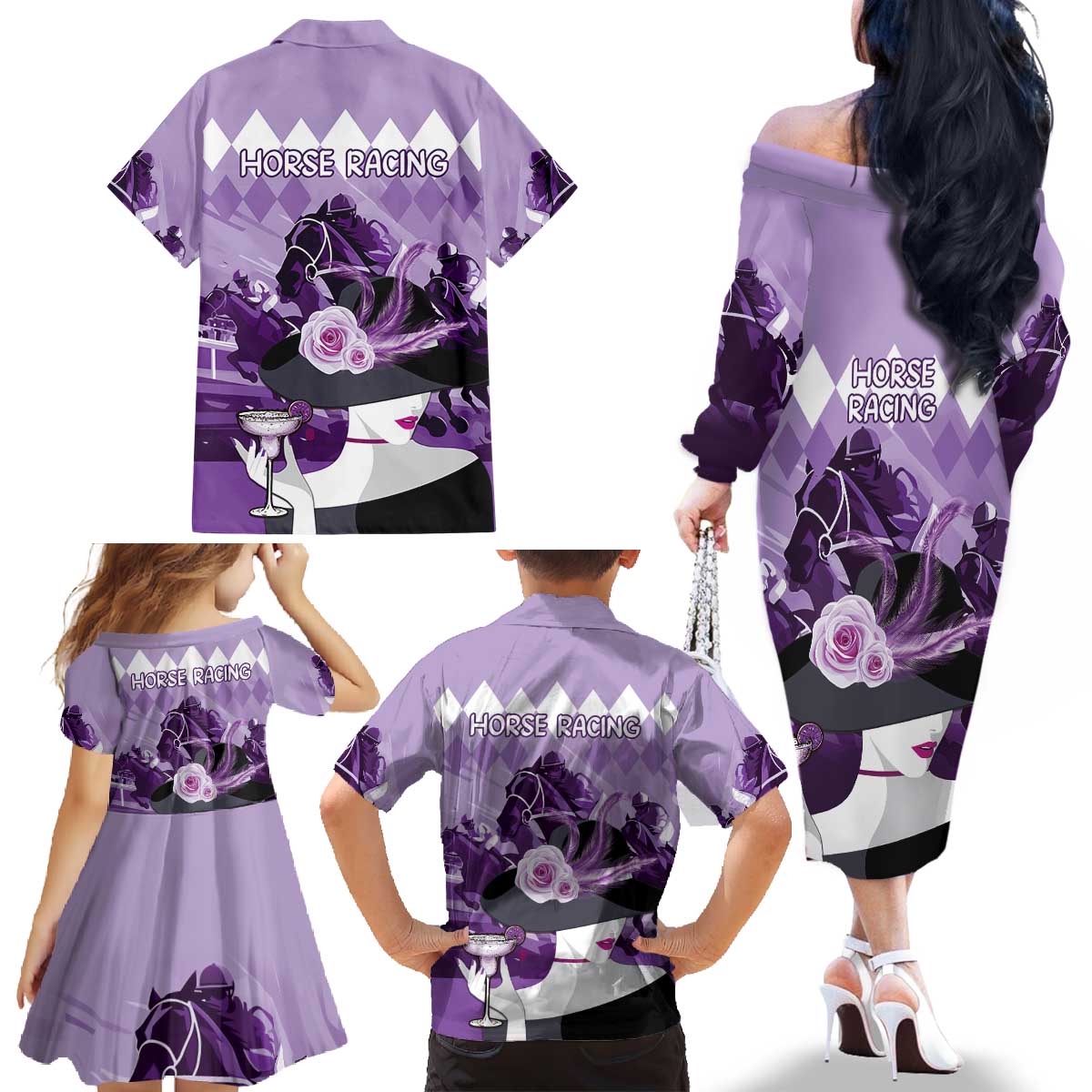Kentucky Horse Racing Family Matching Off The Shoulder Long Sleeve Dress and Hawaiian Shirt Derby Mint Julep Girl - Purple Pastel LT14