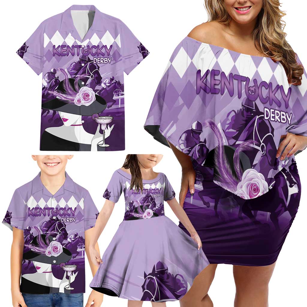 Kentucky Horse Racing Family Matching Off Shoulder Short Dress and Hawaiian Shirt Derby Mint Julep Girl - Purple Pastel LT14