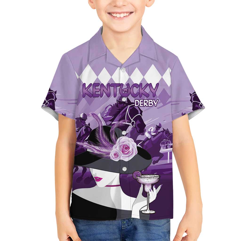 Kentucky Horse Racing Family Matching Off Shoulder Short Dress and Hawaiian Shirt Derby Mint Julep Girl - Purple Pastel LT14