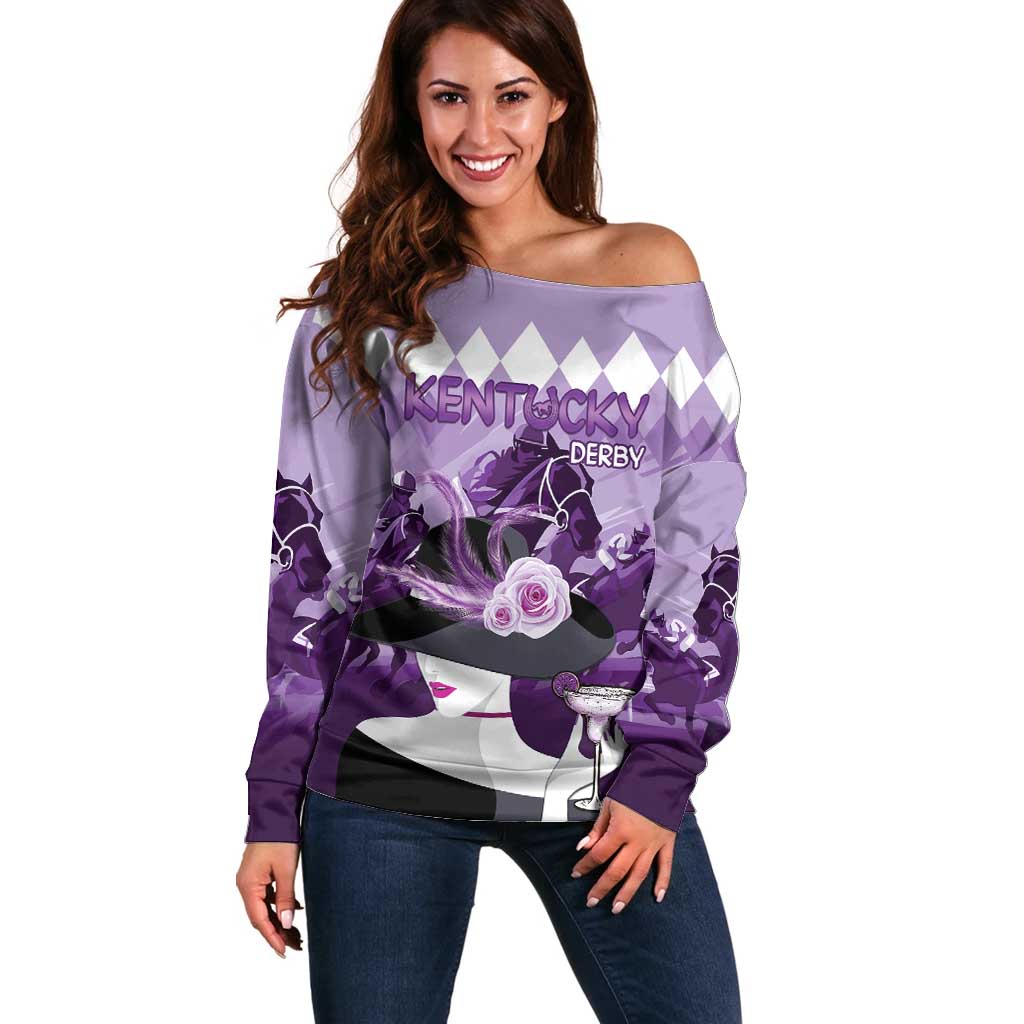 Kentucky Horse Racing Off Shoulder Sweater Derby Mint Julep Girl - Purple Pastel LT14