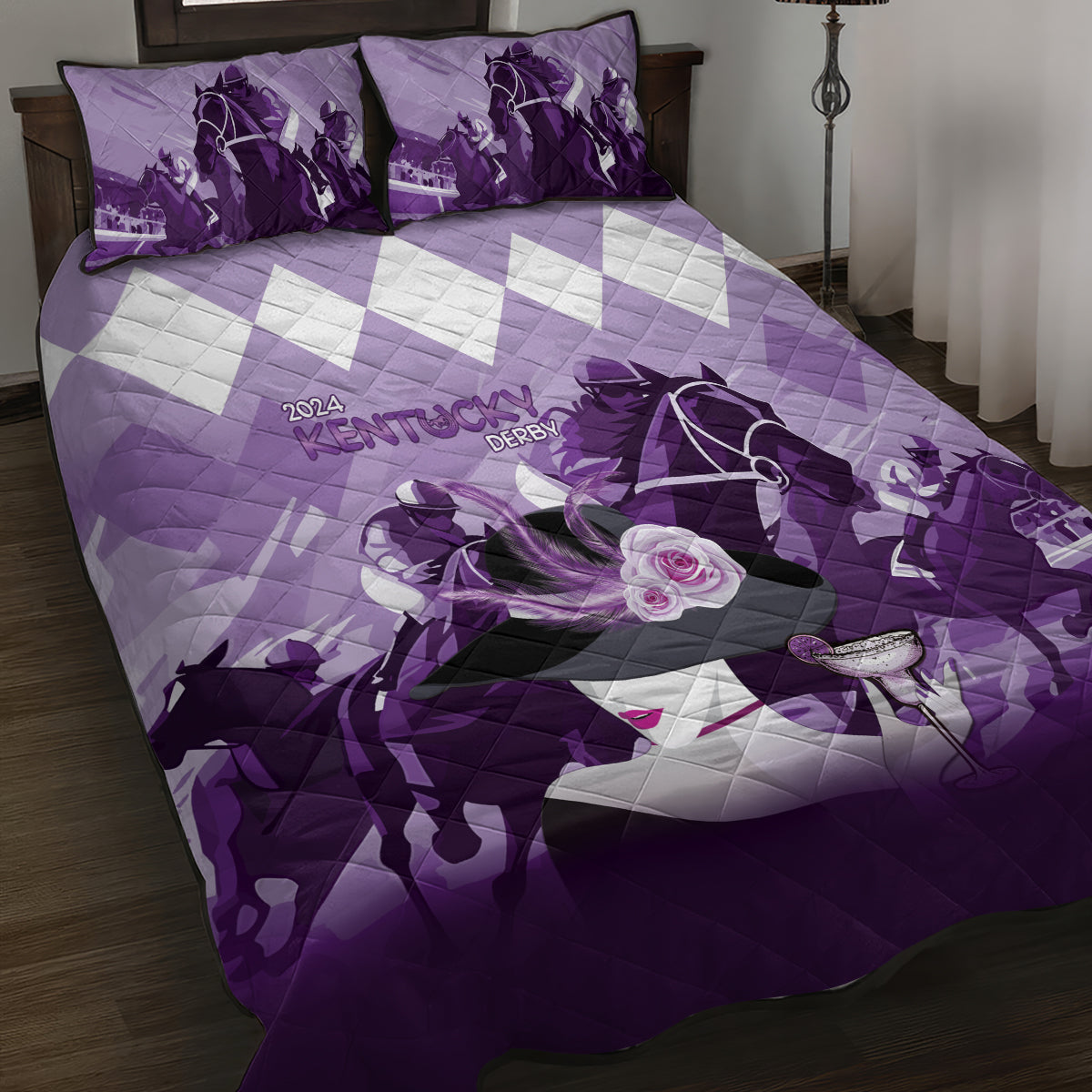 2024 Kentucky Horse Racing Quilt Bed Set Derby Mint Julep Girl - Purple Pastel