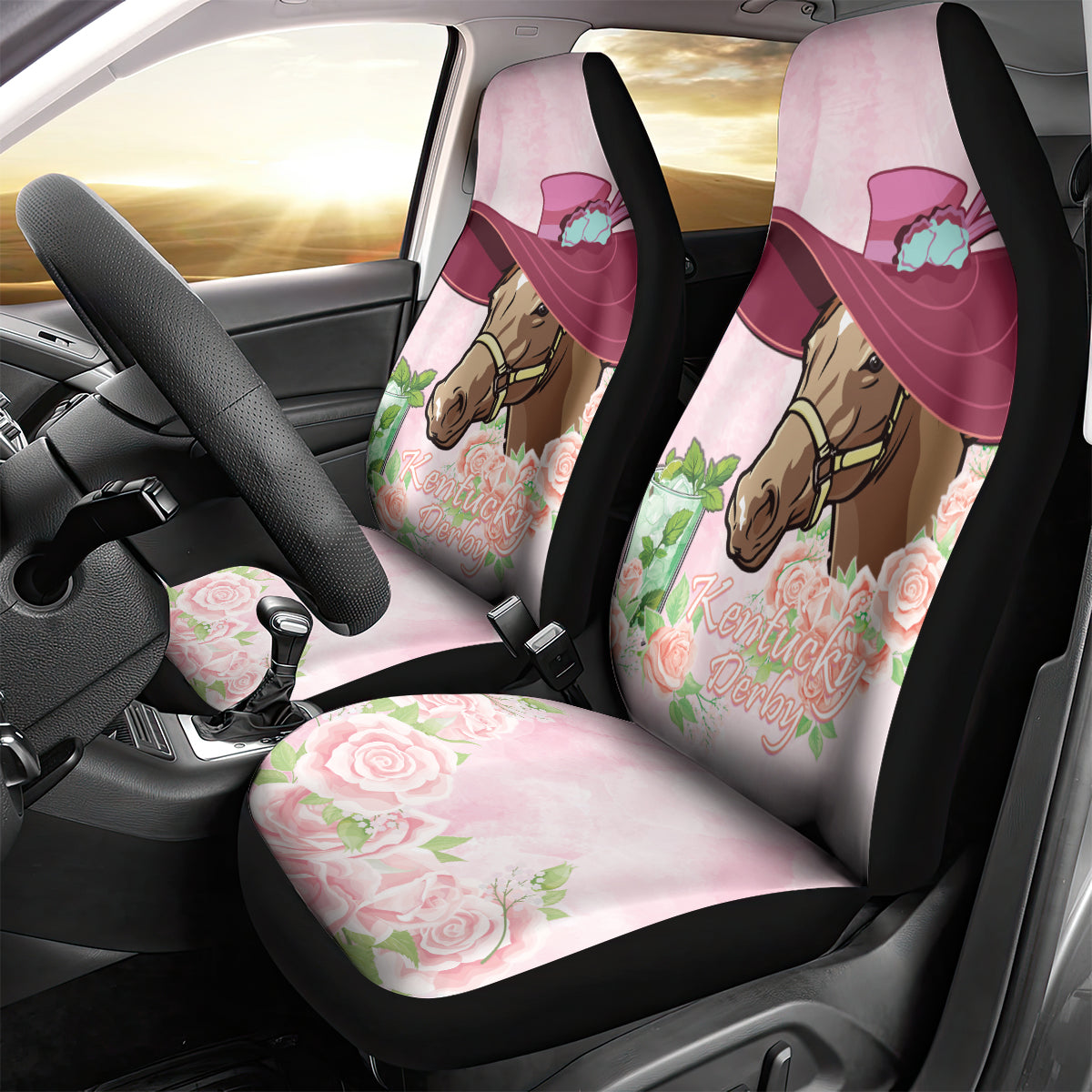Kentucky Horse Racing Car Seat Cover Derby Mint Julep With Roses - Wonder Print Shop