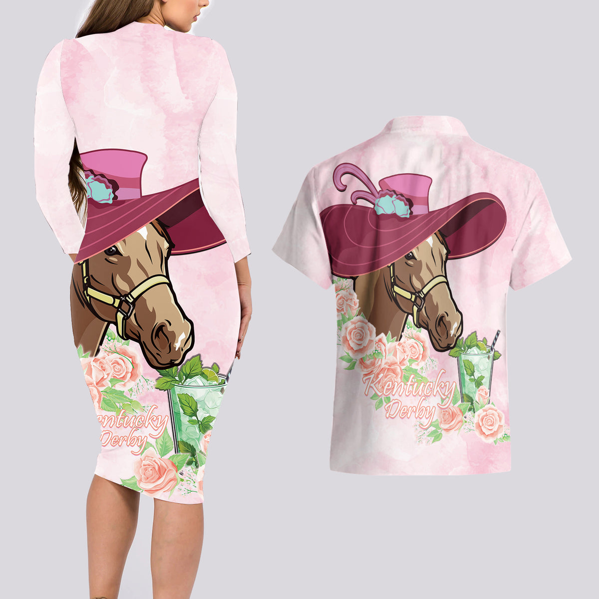 Kentucky Horse Racing Couples Matching Long Sleeve Bodycon Dress and Hawaiian Shirt Derby Mint Julep With Roses - Wonder Print Shop
