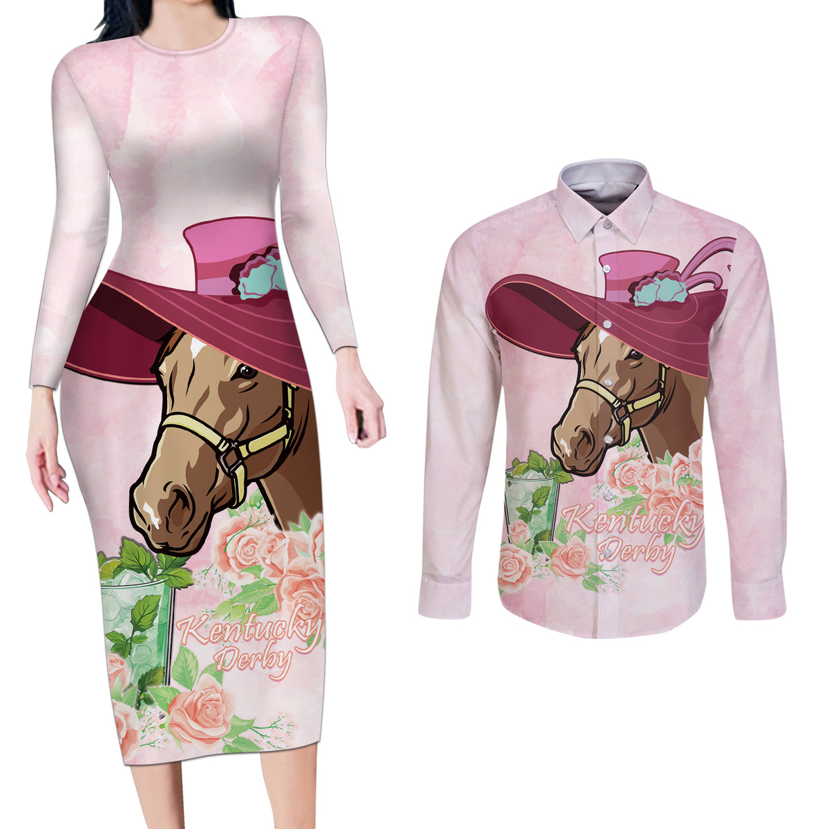 Kentucky Horse Racing Couples Matching Long Sleeve Bodycon Dress and Long Sleeve Button Shirt Derby Mint Julep With Roses - Wonder Print Shop