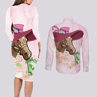 Kentucky Horse Racing Couples Matching Long Sleeve Bodycon Dress and Long Sleeve Button Shirt Derby Mint Julep With Roses - Wonder Print Shop