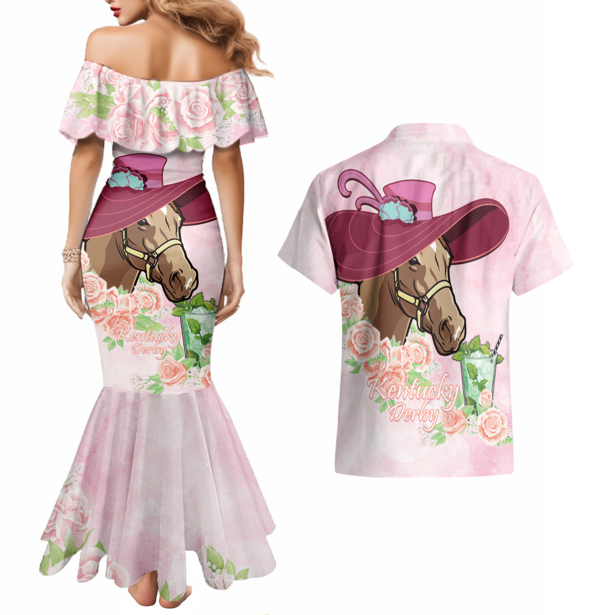 Kentucky Horse Racing Couples Matching Mermaid Dress and Hawaiian Shirt Derby Mint Julep With Roses - Wonder Print Shop