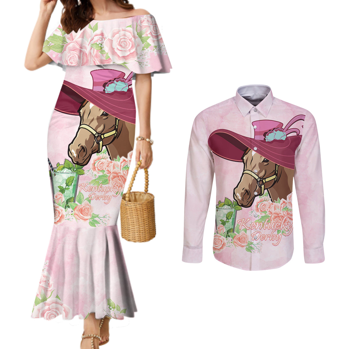 Kentucky Horse Racing Couples Matching Mermaid Dress and Long Sleeve Button Shirt Derby Mint Julep With Roses