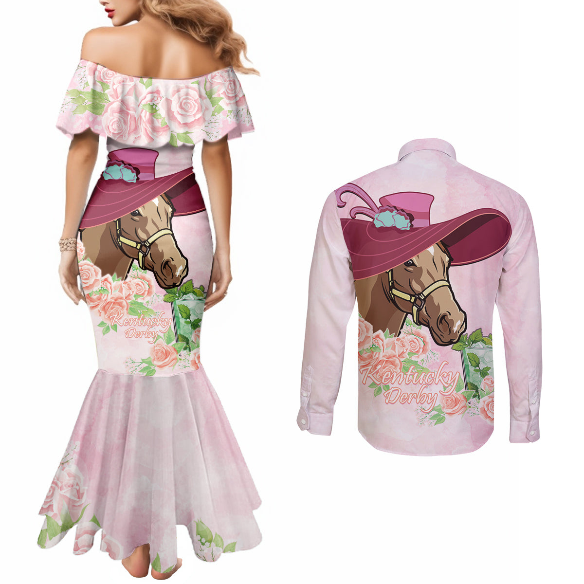 Kentucky Horse Racing Couples Matching Mermaid Dress and Long Sleeve Button Shirt Derby Mint Julep With Roses