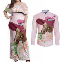 Kentucky Horse Racing Couples Matching Off Shoulder Maxi Dress and Long Sleeve Button Shirt Derby Mint Julep With Roses - Wonder Print Shop