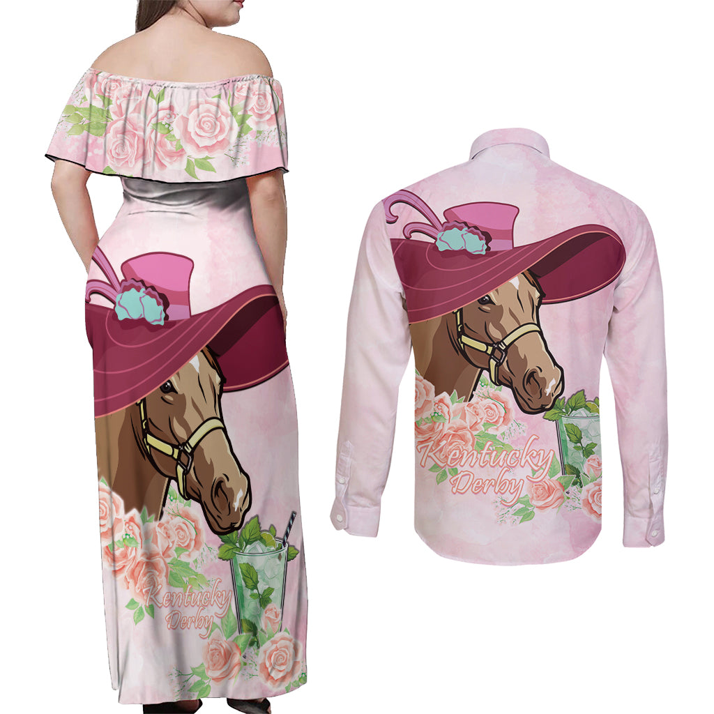 Kentucky Horse Racing Couples Matching Off Shoulder Maxi Dress and Long Sleeve Button Shirt Derby Mint Julep With Roses - Wonder Print Shop