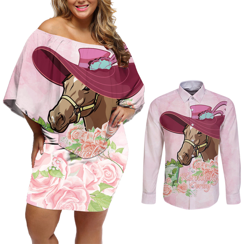 Kentucky Horse Racing Couples Matching Off Shoulder Short Dress and Long Sleeve Button Shirt Derby Mint Julep With Roses - Wonder Print Shop