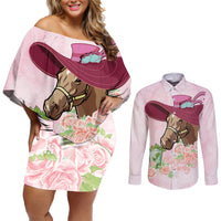 Kentucky Horse Racing Couples Matching Off Shoulder Short Dress and Long Sleeve Button Shirt Derby Mint Julep With Roses - Wonder Print Shop
