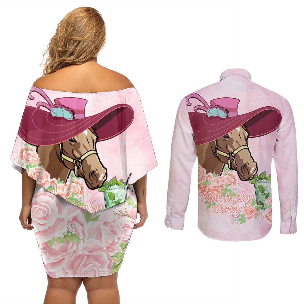 Kentucky Horse Racing Couples Matching Off Shoulder Short Dress and Long Sleeve Button Shirt Derby Mint Julep With Roses - Wonder Print Shop