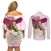 Kentucky Horse Racing Couples Matching Off Shoulder Short Dress and Long Sleeve Button Shirt Derby Mint Julep With Roses - Wonder Print Shop