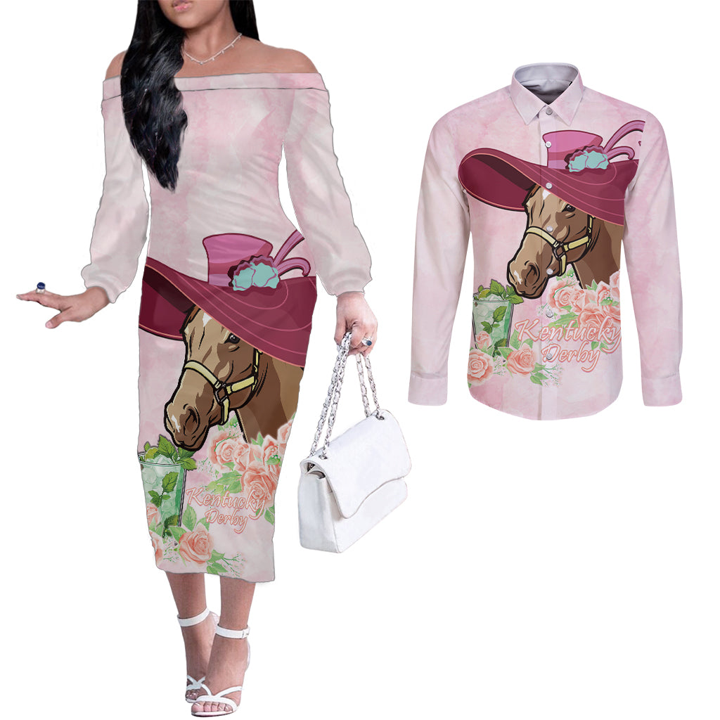 Kentucky Horse Racing Couples Matching Off The Shoulder Long Sleeve Dress and Long Sleeve Button Shirt Derby Mint Julep With Roses