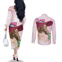 Kentucky Horse Racing Couples Matching Off The Shoulder Long Sleeve Dress and Long Sleeve Button Shirt Derby Mint Julep With Roses