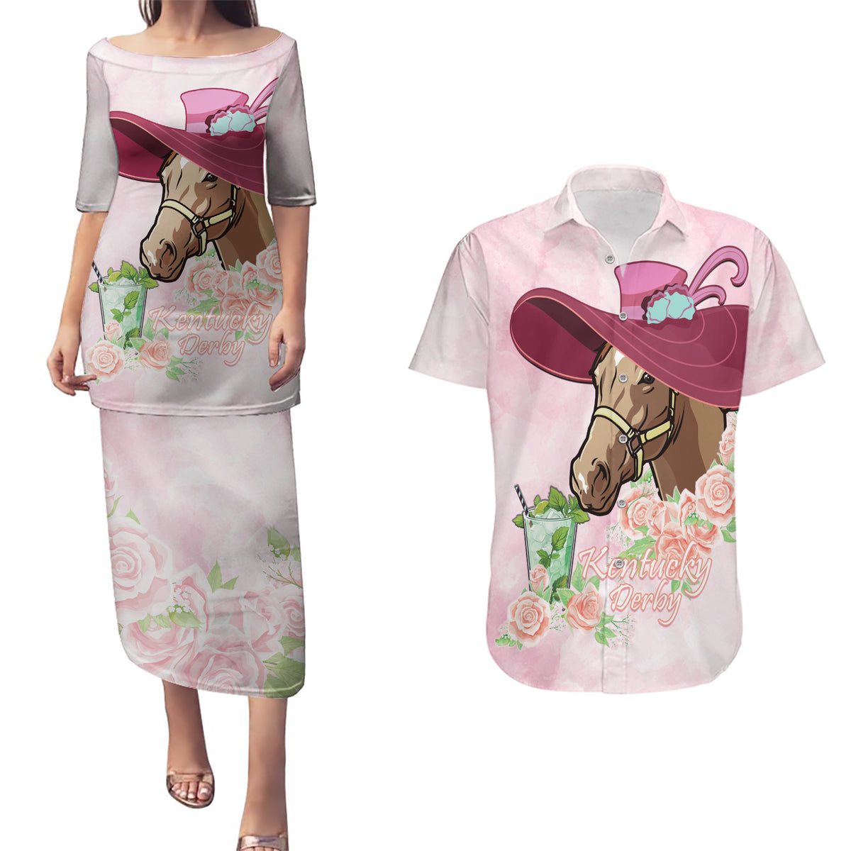 Kentucky Horse Racing Couples Matching Puletasi and Hawaiian Shirt Derby Mint Julep With Roses - Wonder Print Shop