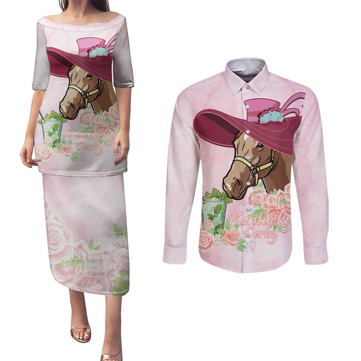 Kentucky Horse Racing Couples Matching Puletasi and Long Sleeve Button Shirt Derby Mint Julep With Roses - Wonder Print Shop