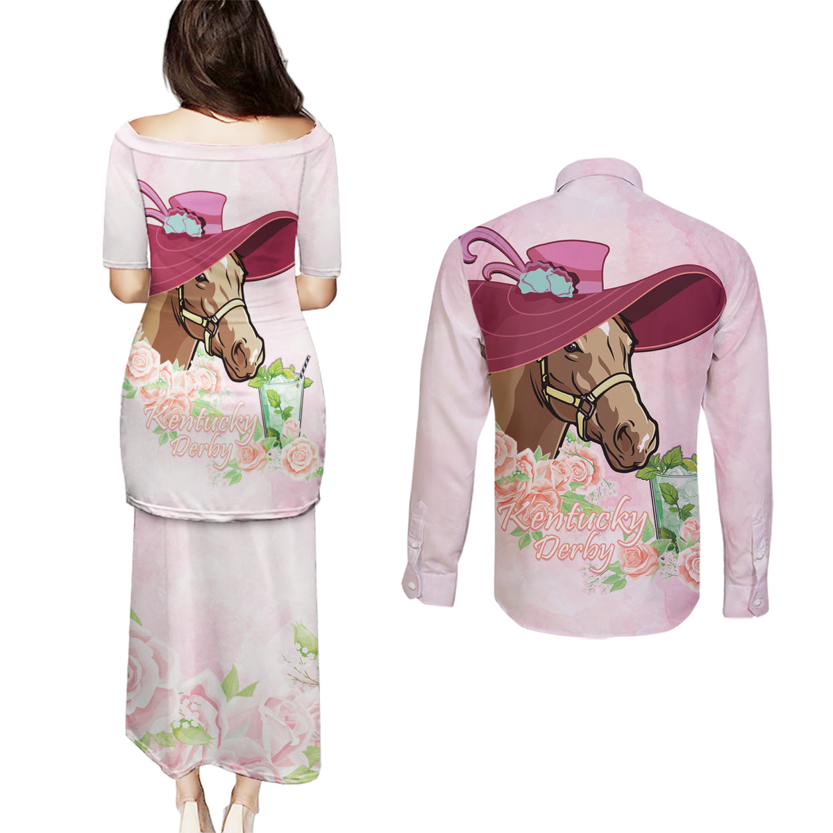 Kentucky Horse Racing Couples Matching Puletasi and Long Sleeve Button Shirt Derby Mint Julep With Roses - Wonder Print Shop