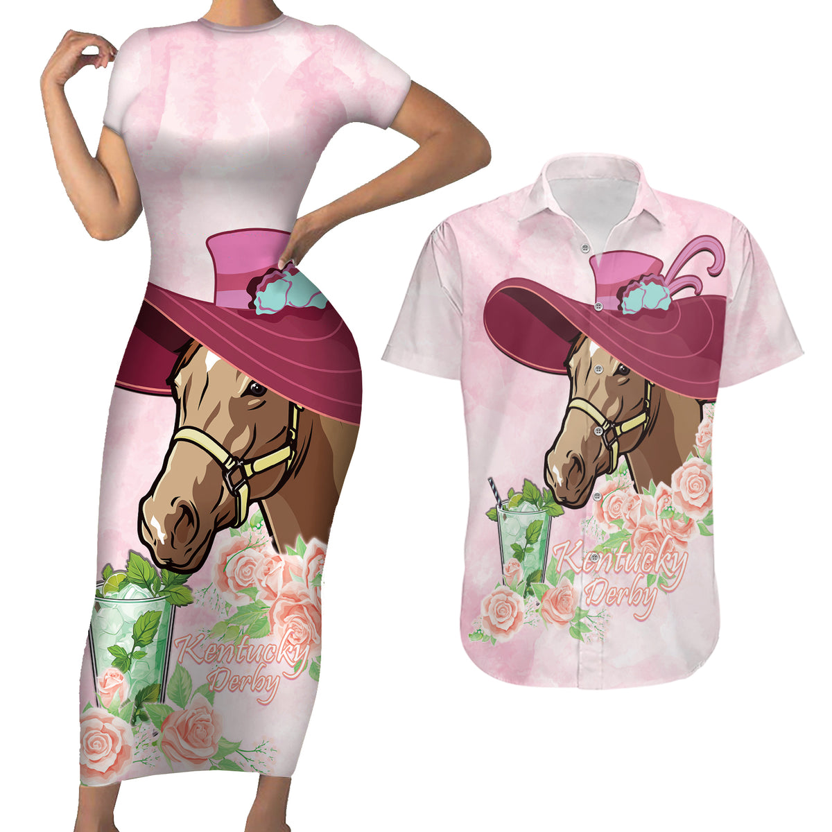 Kentucky Horse Racing Couples Matching Short Sleeve Bodycon Dress and Hawaiian Shirt Derby Mint Julep With Roses - Wonder Print Shop
