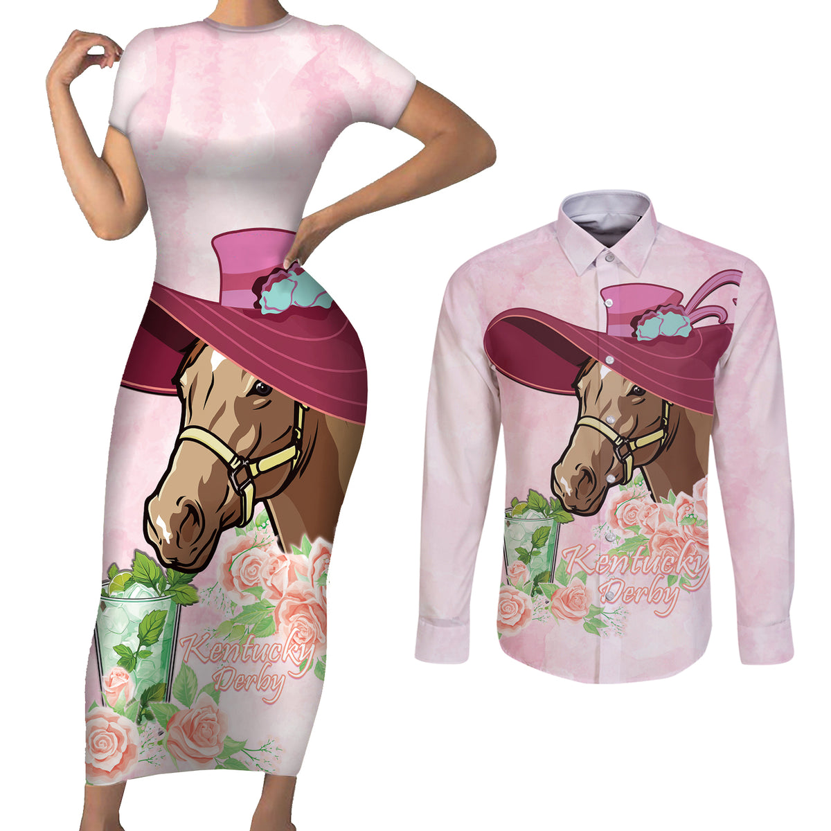 Kentucky Horse Racing Couples Matching Short Sleeve Bodycon Dress and Long Sleeve Button Shirt Derby Mint Julep With Roses - Wonder Print Shop