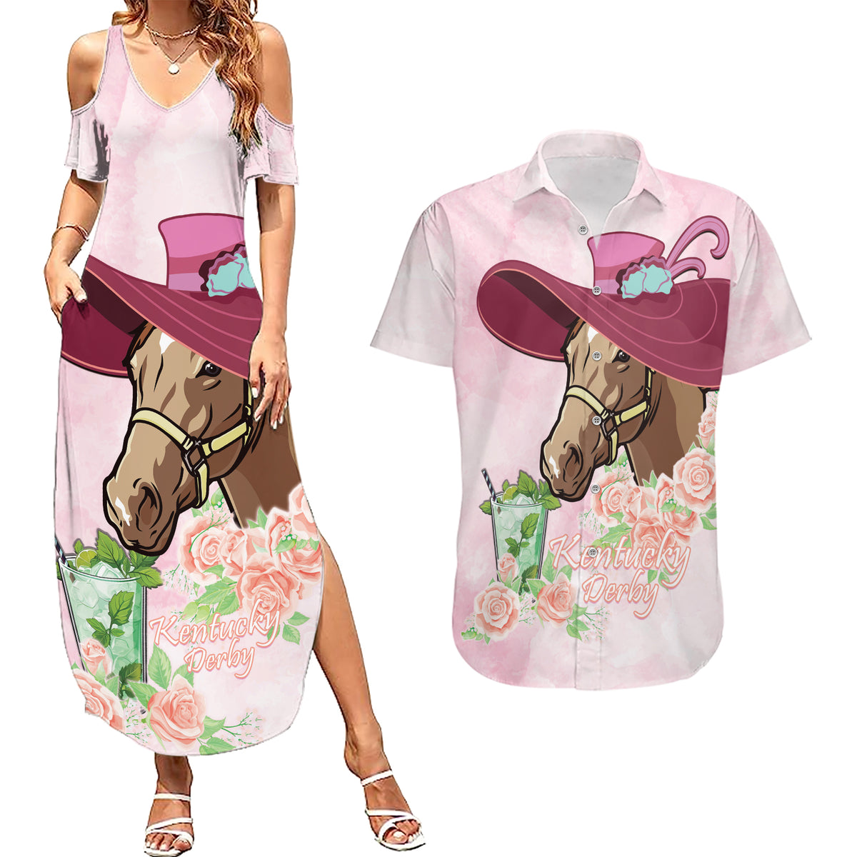 Kentucky Horse Racing Couples Matching Summer Maxi Dress and Hawaiian Shirt Derby Mint Julep With Roses - Wonder Print Shop