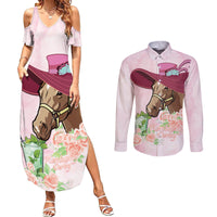 Kentucky Horse Racing Couples Matching Summer Maxi Dress and Long Sleeve Button Shirt Derby Mint Julep With Roses - Wonder Print Shop