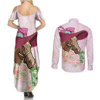 Kentucky Horse Racing Couples Matching Summer Maxi Dress and Long Sleeve Button Shirt Derby Mint Julep With Roses - Wonder Print Shop