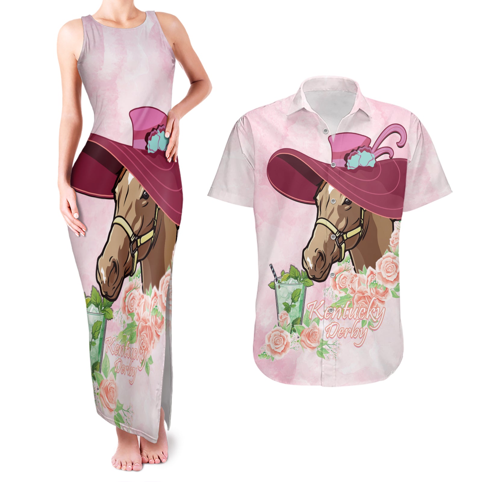 Kentucky Horse Racing Couples Matching Tank Maxi Dress and Hawaiian Shirt Derby Mint Julep With Roses - Wonder Print Shop