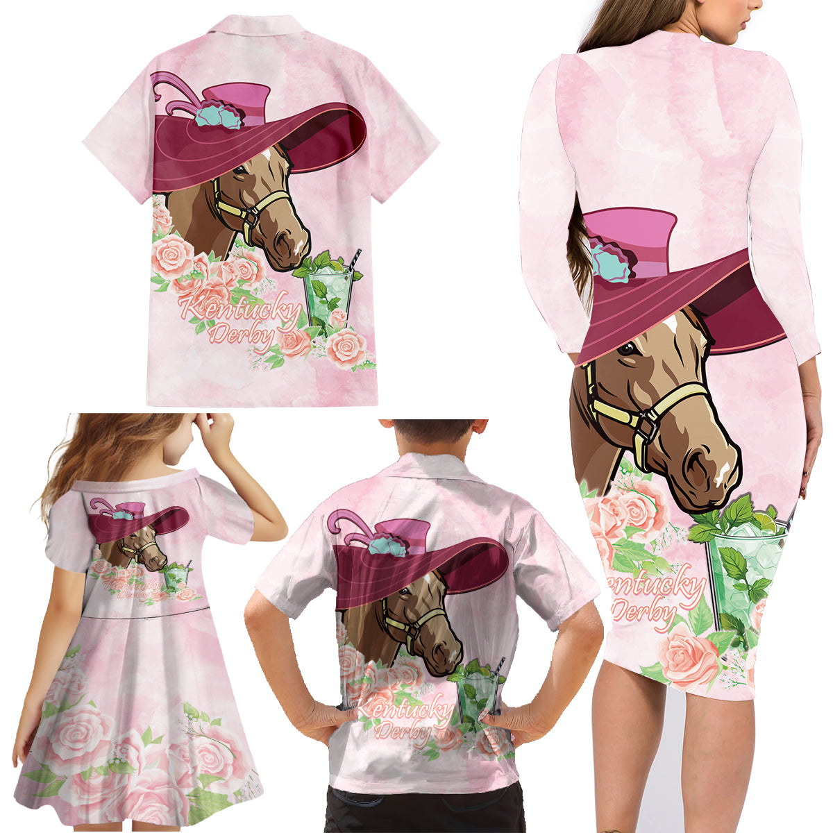 Kentucky Horse Racing Family Matching Long Sleeve Bodycon Dress and Hawaiian Shirt Derby Mint Julep With Roses - Wonder Print Shop
