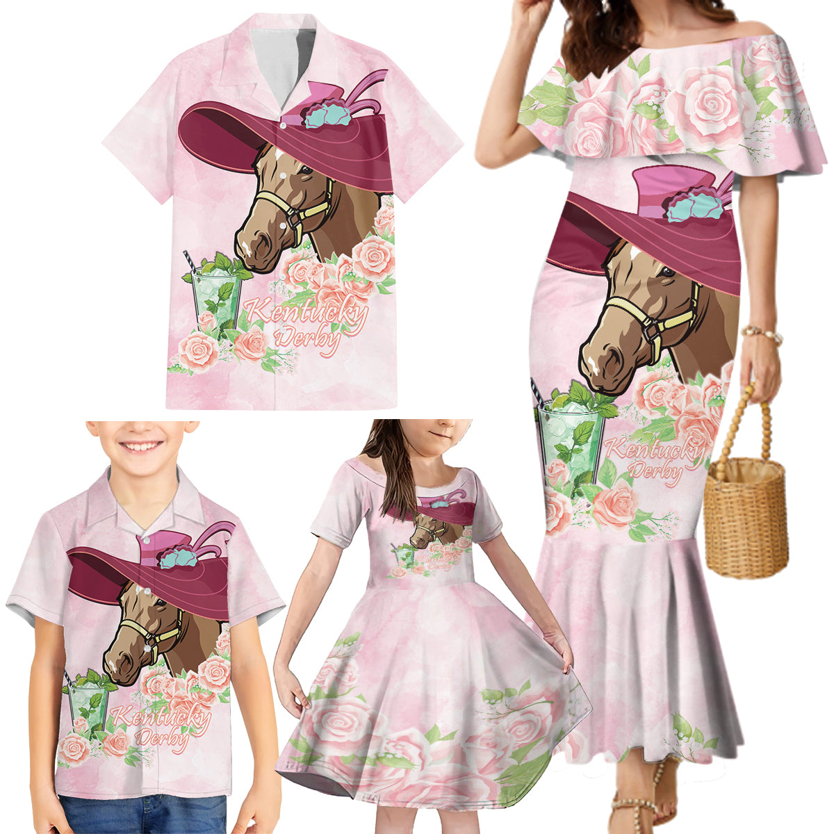 Kentucky Horse Racing Family Matching Mermaid Dress and Hawaiian Shirt Derby Mint Julep With Roses - Wonder Print Shop