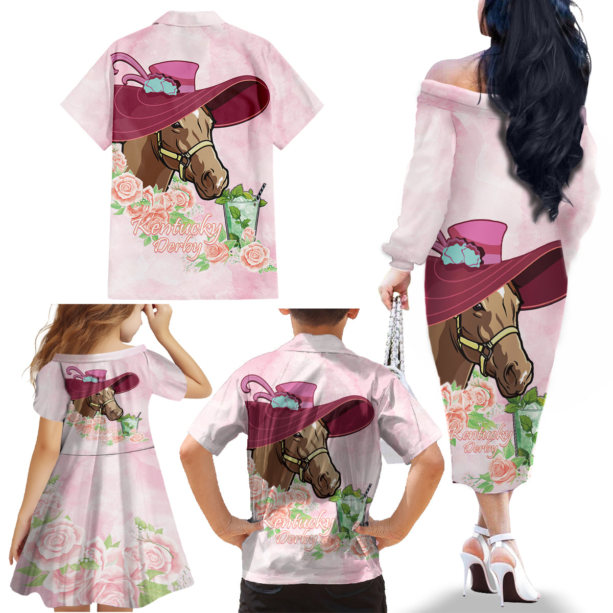 Kentucky Horse Racing Family Matching Off The Shoulder Long Sleeve Dress and Hawaiian Shirt Derby Mint Julep With Roses - Wonder Print Shop