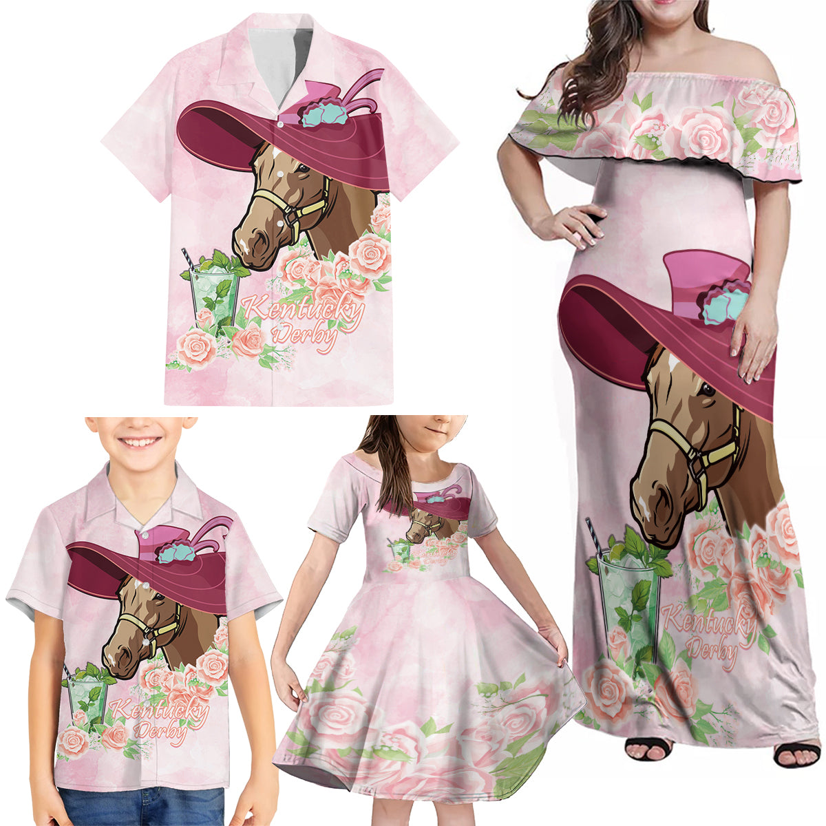 Kentucky Horse Racing Family Matching Off Shoulder Maxi Dress and Hawaiian Shirt Derby Mint Julep With Roses - Wonder Print Shop