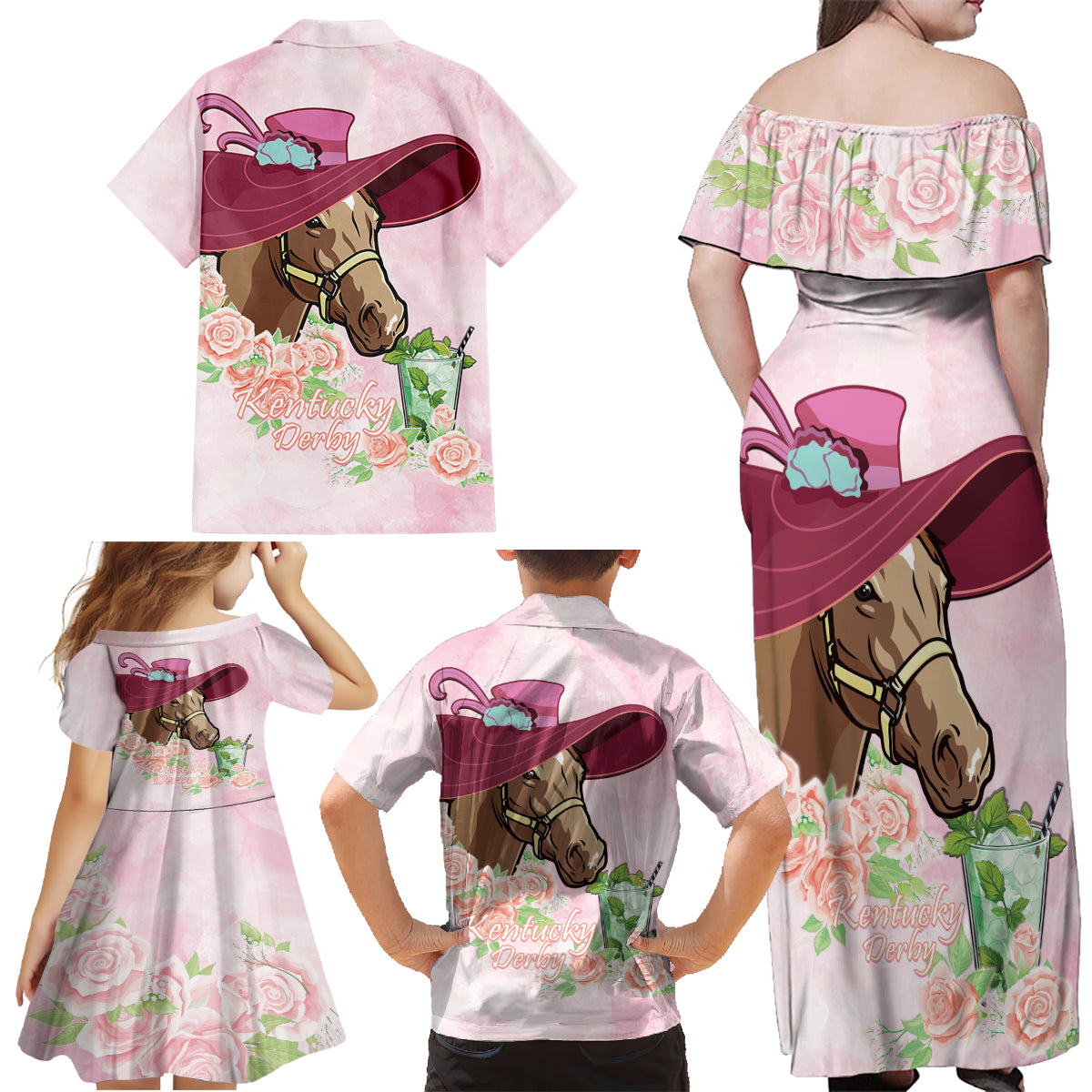 Kentucky Horse Racing Family Matching Off Shoulder Maxi Dress and Hawaiian Shirt Derby Mint Julep With Roses - Wonder Print Shop