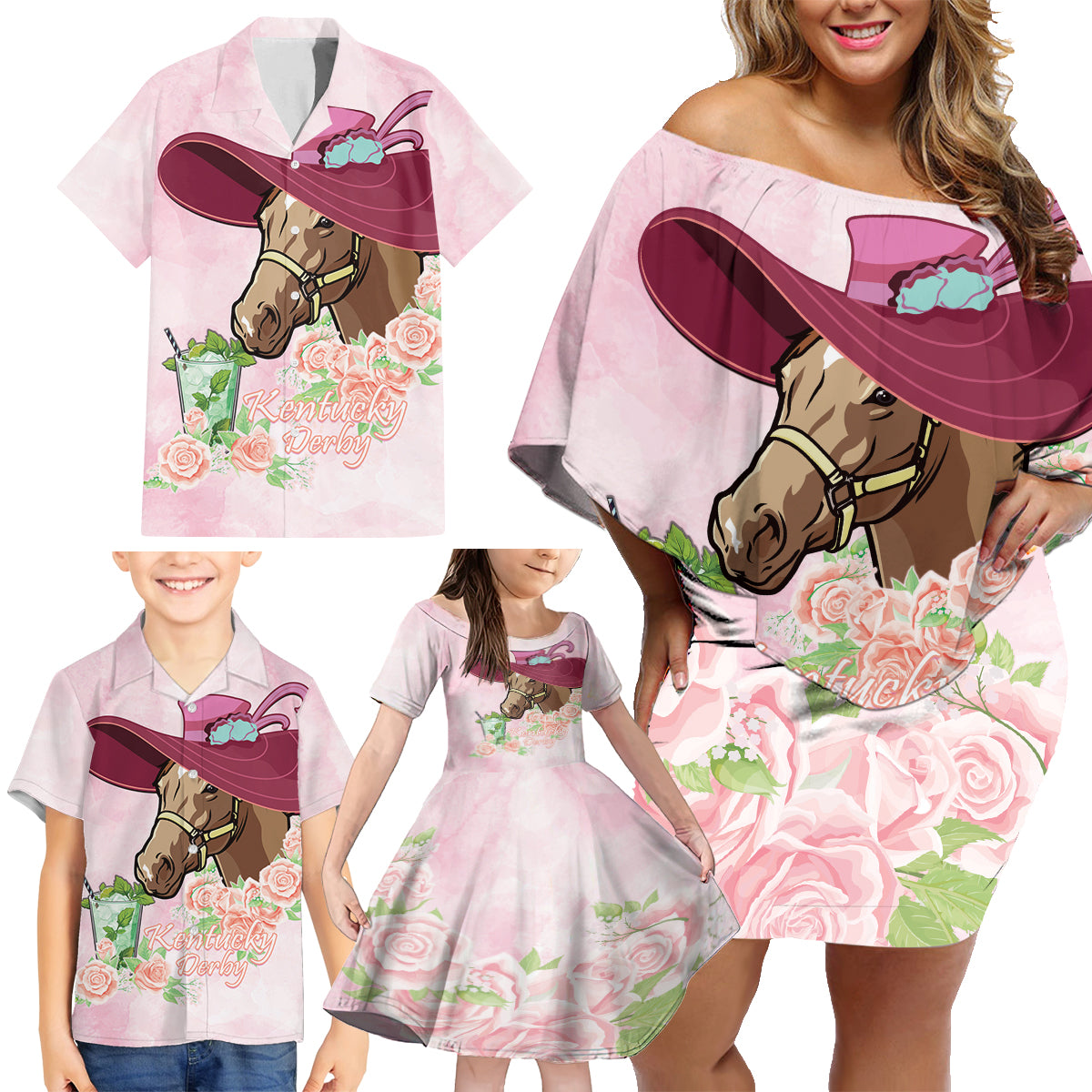 Kentucky Horse Racing Family Matching Off Shoulder Short Dress and Hawaiian Shirt Derby Mint Julep With Roses - Wonder Print Shop