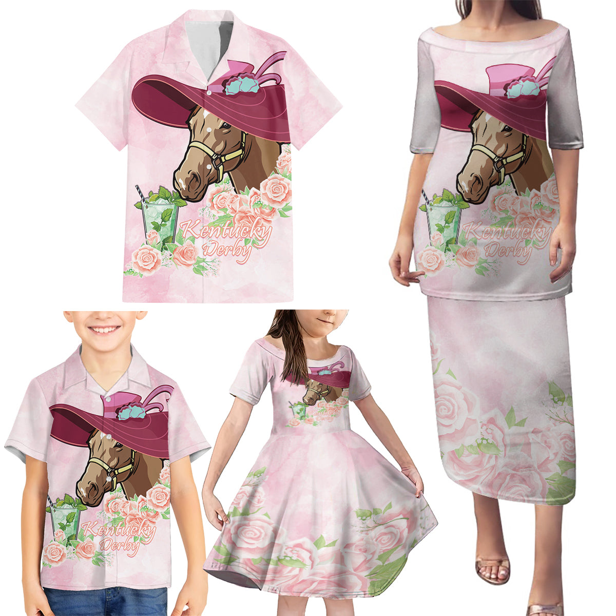Kentucky Horse Racing Family Matching Puletasi and Hawaiian Shirt Derby Mint Julep With Roses - Wonder Print Shop