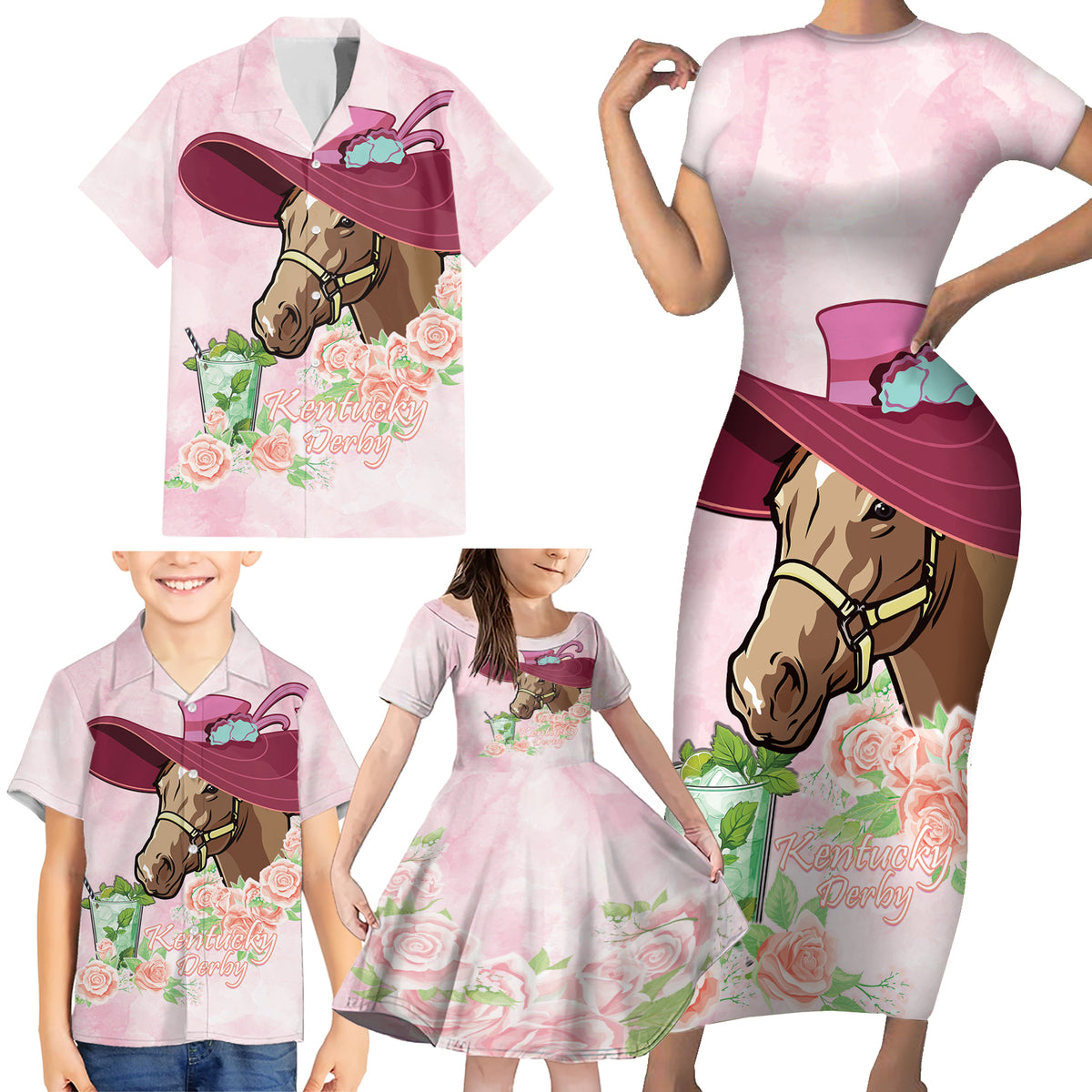 Kentucky Horse Racing Family Matching Short Sleeve Bodycon Dress and Hawaiian Shirt Derby Mint Julep With Roses - Wonder Print Shop