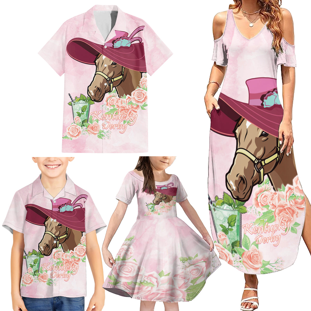 Kentucky Horse Racing Family Matching Summer Maxi Dress and Hawaiian Shirt Derby Mint Julep With Roses - Wonder Print Shop