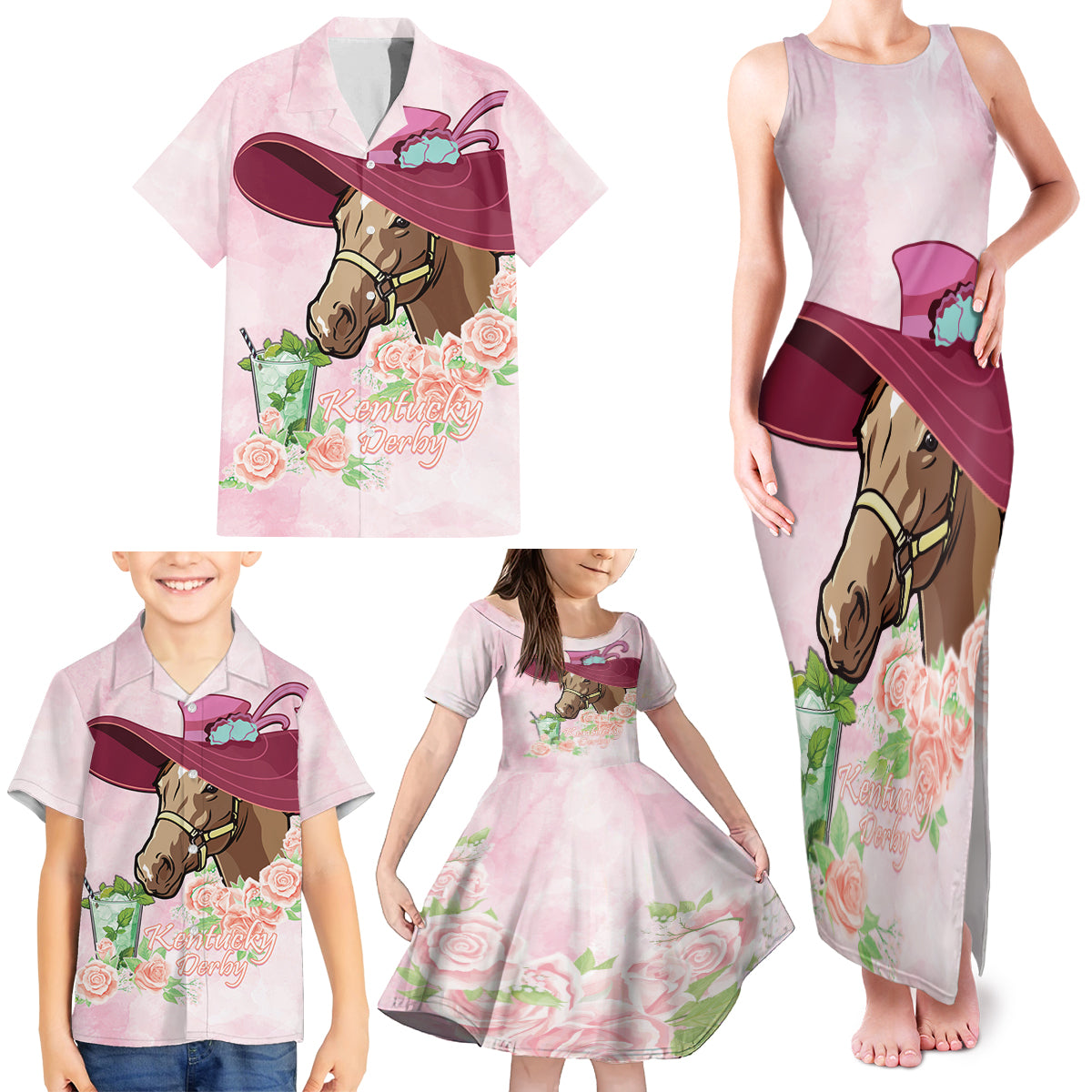 Kentucky Horse Racing Family Matching Tank Maxi Dress and Hawaiian Shirt Derby Mint Julep With Roses - Wonder Print Shop