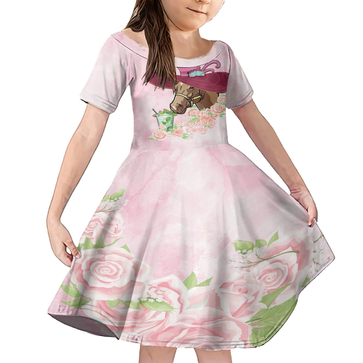 Kentucky Horse Racing Kid Short Sleeve Dress Derby Mint Julep With Roses - Wonder Print Shop