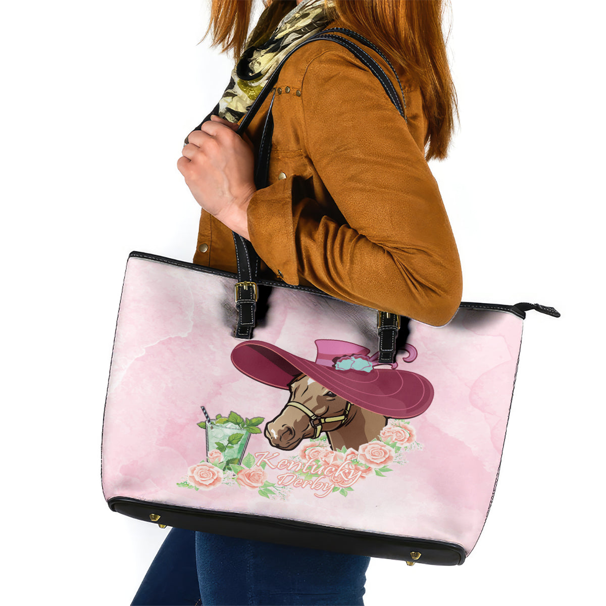 Kentucky Horse Racing Leather Tote Bag Derby Mint Julep With Roses - Wonder Print Shop