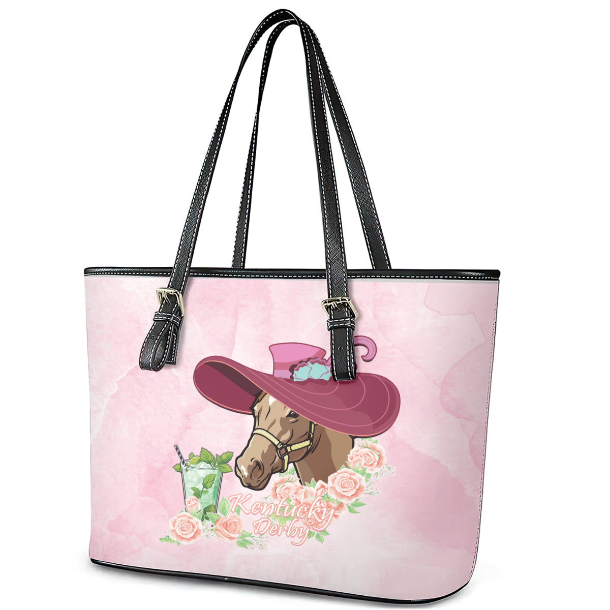 Kentucky Horse Racing Leather Tote Bag Derby Mint Julep With Roses - Wonder Print Shop
