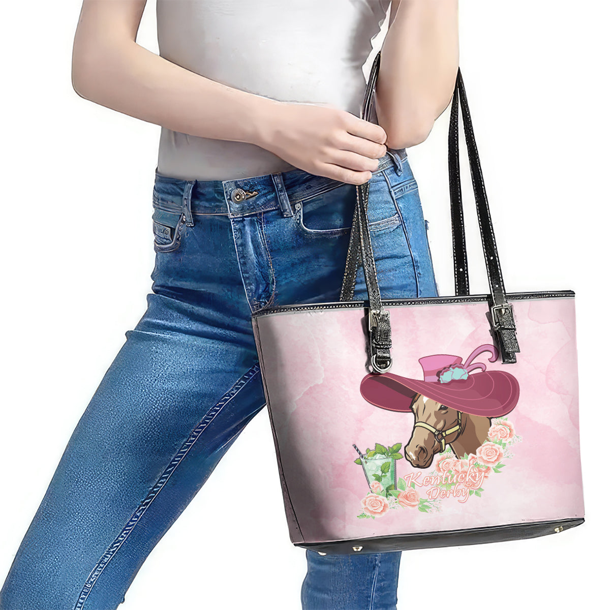 Kentucky Horse Racing Leather Tote Bag Derby Mint Julep With Roses - Wonder Print Shop