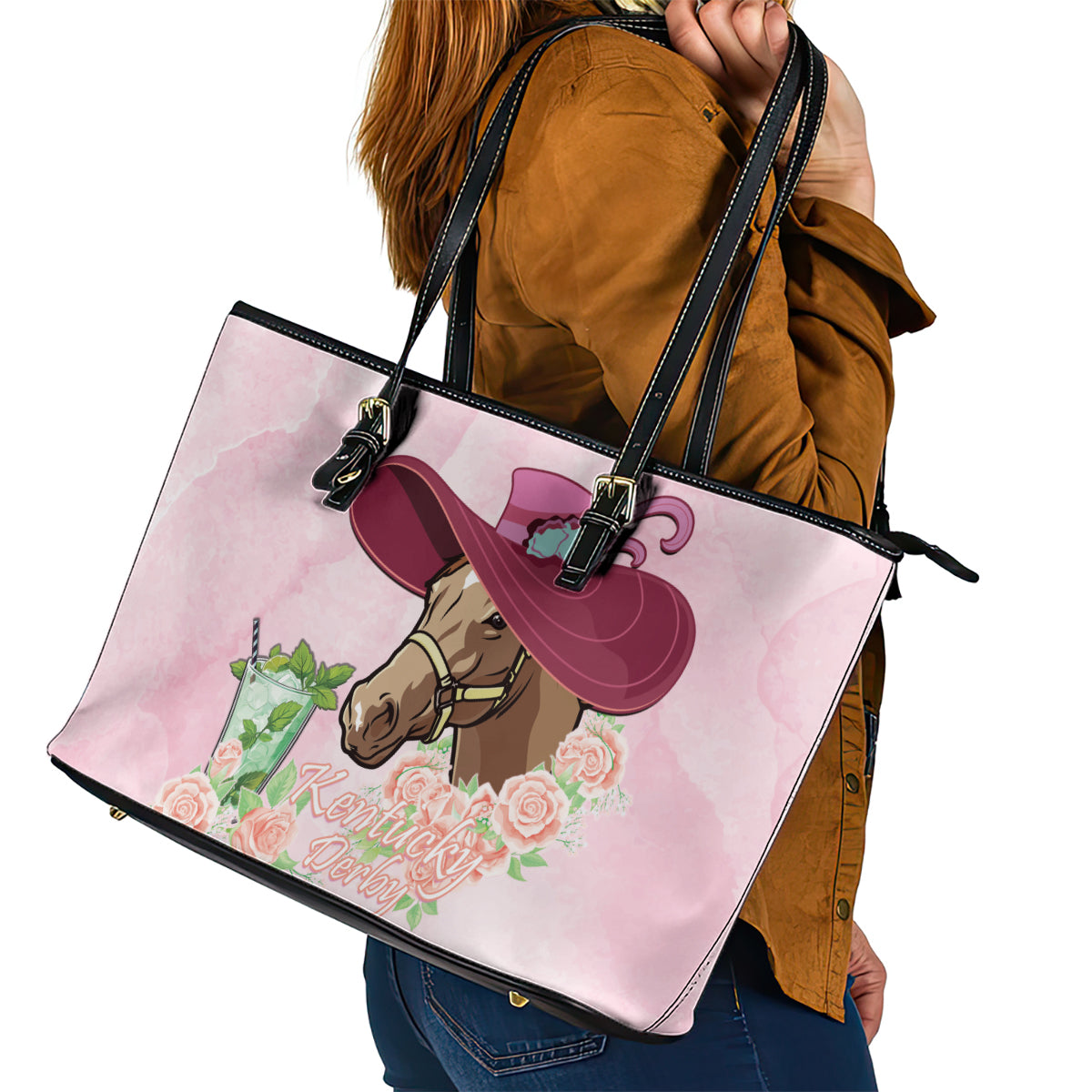 Kentucky Horse Racing Leather Tote Bag Derby Mint Julep With Roses - Wonder Print Shop
