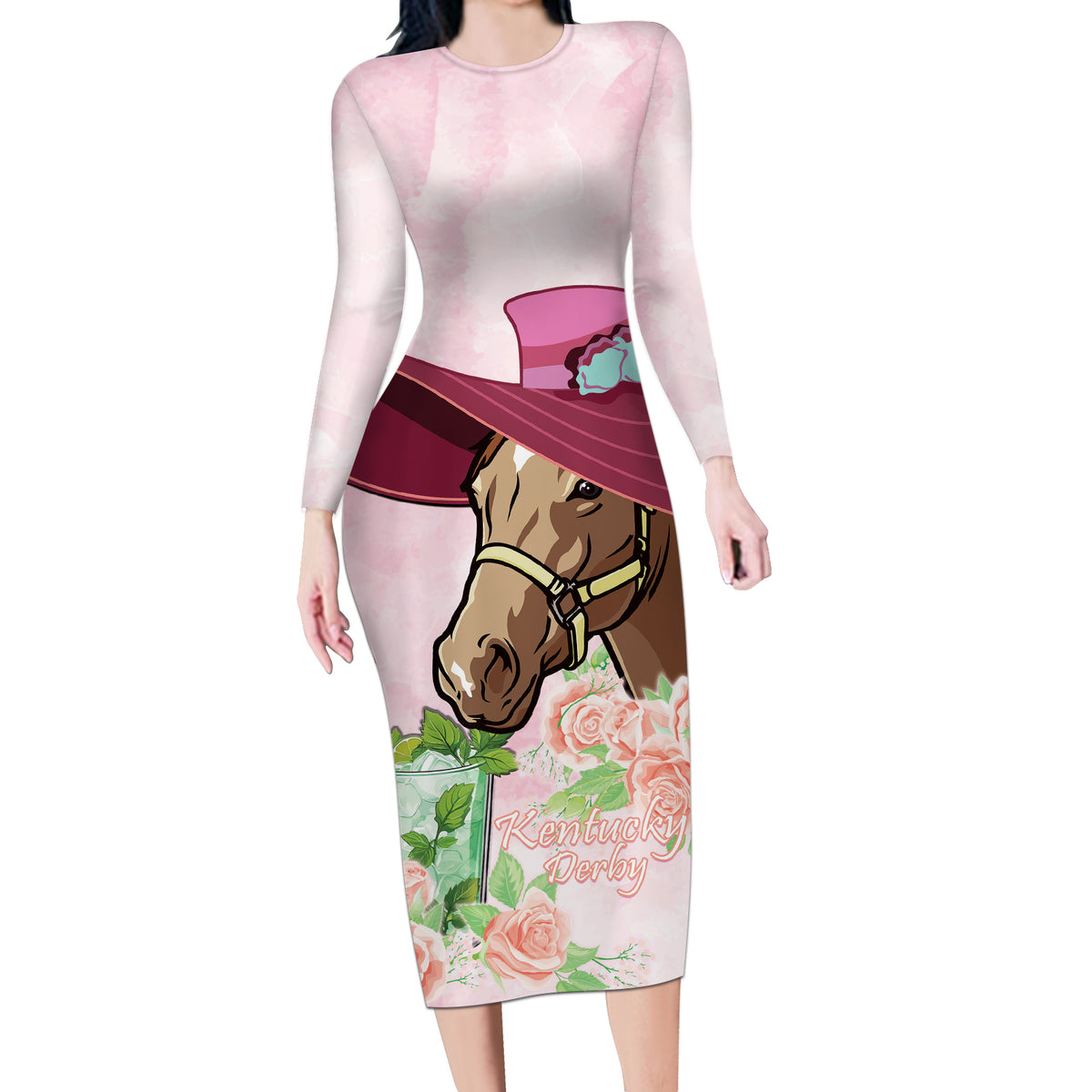 Kentucky Horse Racing Long Sleeve Bodycon Dress Derby Mint Julep With Roses - Wonder Print Shop